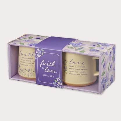 Christian Art Gifts Novelty Floral Ceramic Coffee & Tea Mug Set for Women: Faith & Love w/Encouraging Scripture, Microwave/Dishwasher Safe w/Clay Base - Set of 2 Large 14 oz. Cups, Lilac Purple/White