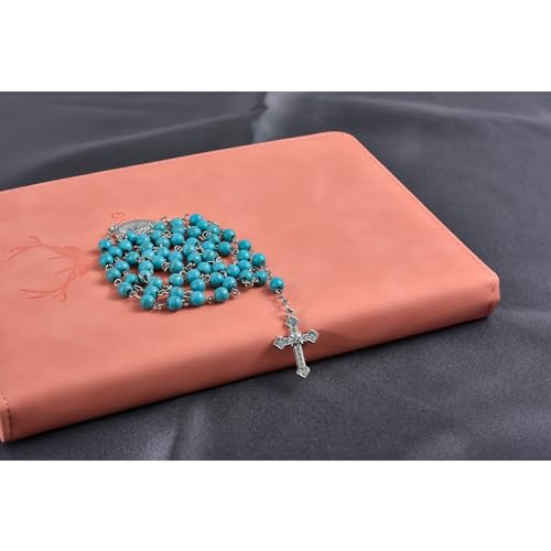 Catholic 6mm Round Natural Turquoise Bead Handmade Alloy Christian Vintage Cross Ornament Rosary Necklace