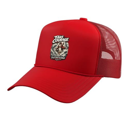 Take Courage It is I. Don't Be Afraid Bible Verse Art Trucker Hat with Adjustable Mesh Back - color: Red