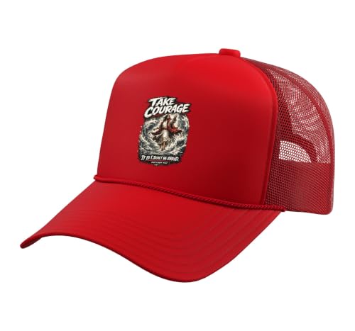 Take Courage It is I. Don't Be Afraid Bible Verse Art Trucker Hat with Adjustable Mesh Back - color: Red