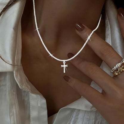 925 Sterling Silver Necklace for Women Layered Cross Paperclip Chain Necklaces Dainty Sparkle Pendant Jewelry Gifts - style: Single Cross