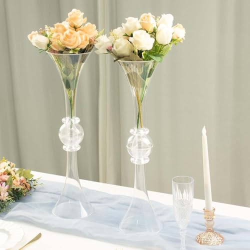Efavormart 2 Pack | 21" Clear Crystal Embellishment Trumpet Table Centerpiece, Reversible Plastic Flower Vase - color: Clear, size: 21"