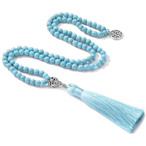 INBLUE 108 Mala Prayer Beads Wrap Necklace with Long Tassel Boho Necklace for Women Amazonite Bead Bracelet with Spiritual Tree of Life Pendant 108 Beads Necklace for Meditation - color: Natural Turquoise