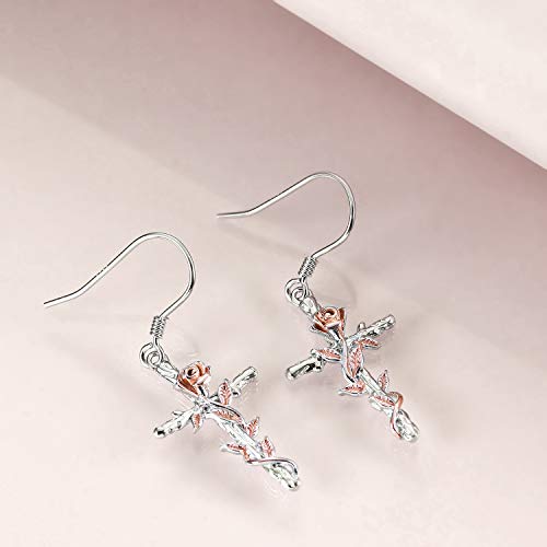 LUHE Sterling Silver Corss/Daisy/Musica Note Dangle Earrings for Women - style: Cross Earrings with Rose