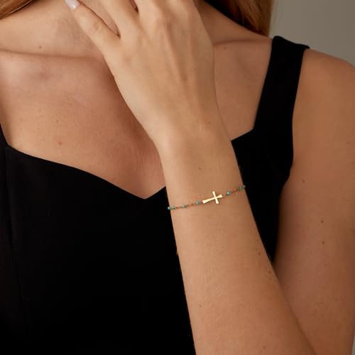 18K Gold Plated Pearl Beaded Cross Bracelets for Women Adjustable - color: Green Cross-Gold