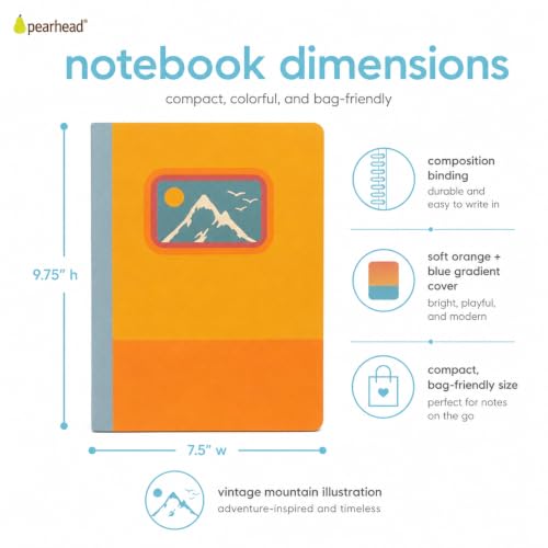 Pearhead Retro Mountain Composition Notebook — College-Ruled, 160 Pages, 7.5" x 9.75", Smooth 80 GSM Paper, Vintage Outdoor Illustration Journal for School, Hiking, Office & Everyday Writing - color: Orange Mountain Composition Notebook