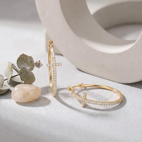 Gold Cross Earrings for Women 14K Gold Hoop Earrings Shining Trendy with Cubic Zirconia Mix of Style and Personality Large CZ Hoops Earring 30/35/40mm - size: 35mm