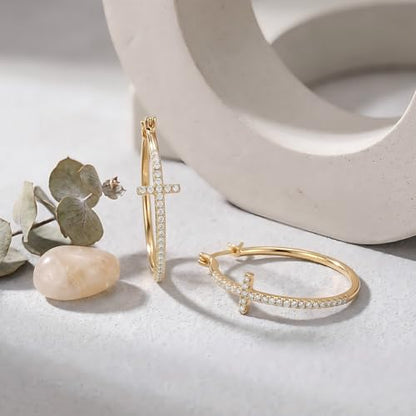 Gold Cross Earrings for Women 14K Gold Hoop Earrings Shining Trendy with Cubic Zirconia Mix of Style and Personality Large CZ Hoops Earring 30/35/40mm - size: 35mm
