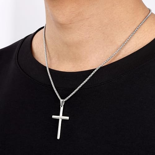 Fiusem Beveled Edge Cross Necklace for Men - size: 22 inches length, style: Silver cross: 1.6"*1.0"