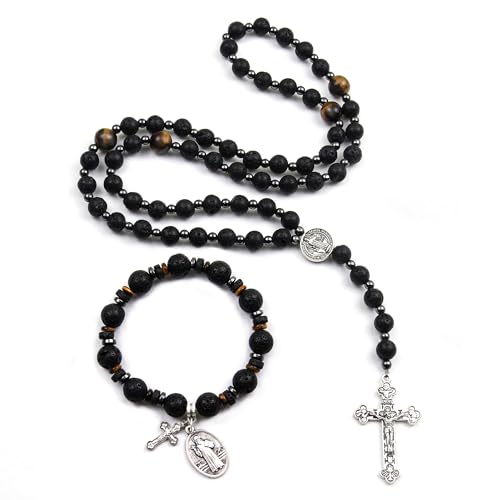 Rosary for Men Women, Natural Stone Beads with St. Benedict Bracelet - color: Lava Rocks
