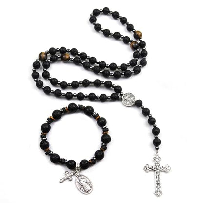 Rosary for Men Women, Natural Stone Beads with St. Benedict Bracelet - color: Lava Rocks