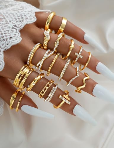 Gold Stackable Rings Set for Women, Gold Plated Chunky Crystal Finger Rings - color: Gold Twisted