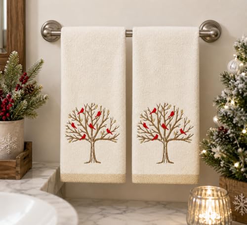 Christmas White Guest Hand Bathroom Towels, Winter Cardinal Tree, 16x26" - color: Cardinal Tree