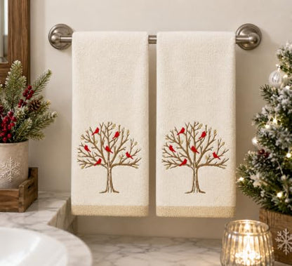 Christmas White Guest Hand Bathroom Towels, Winter Cardinal Tree, 16x26" - color: Cardinal Tree