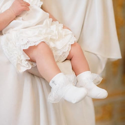 Baptism Socks for Baby Girls - White Newborn Christening Socks With Cross & Eyelet Frilly Lace - color: B-white