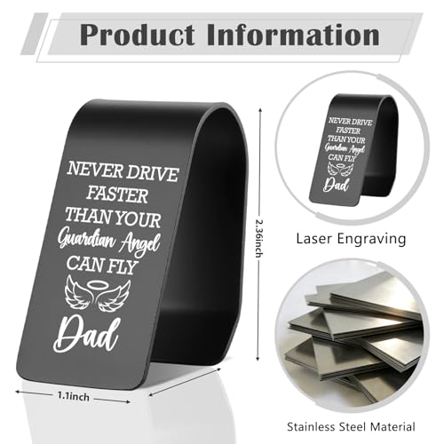 Dad Safe Driving Car Visor Clip Stainless Steel, Never Drive Faster Than Your Guardian Angel Can Fly Engraved Reminder, Christian Guardian Angel Gift for Father, Religious Car Accessory TZC186 - color: Black-C186