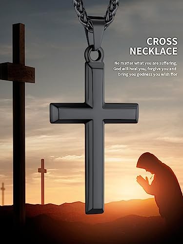 ChainsHouse Cross Necklace for Men, Black/18K Gold Plated/Stainless Steel Christian Jewelry Cross Pendant Necklace for Men, with Gift Box - color: d: Cross-Black