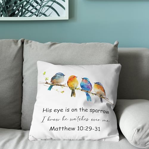 Christian Bird Pillow Cover 18x18, His Eye is on The Sparrow Matthew 10:29-31 Bible Verse Religious Decorative Throw Pillow Covers Cases for Church Prayer Room Home Living Room