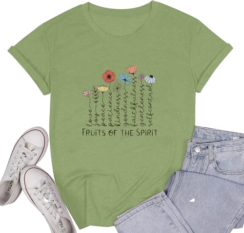 Women's Christian Shirt Fruit of The Holy Spirit Flower T-Shirt Inspirational Bible Text Top - color: Z-q6013-green, size: Small