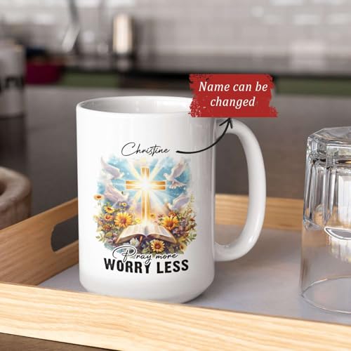Christian Mug With Customized Name, Bible And Dove Design Ceramic Cup, Custom Christian Keepsake Mug 11oz 15oz, Personalized Christian Faith Coffee Cup, Gift For Family Member - color: HOA-624-2170-PRAY MORE WORRY LESS MUG