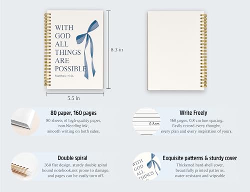 Navy Blue Bible Journal for Women, A5 Spiral Christian Notebook & Study Supplies, Cute Hardcover Coquette Bow Diary with Scripture Matthew 19:26 for Church Notes, Prayer & Teen Girls.5.5 x 8.3 Inch - color: (Navy Blue) Matthew 19:26
