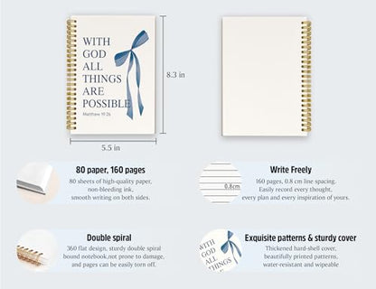 Navy Blue Bible Journal for Women, A5 Spiral Christian Notebook & Study Supplies, Cute Hardcover Coquette Bow Diary with Scripture Matthew 19:26 for Church Notes, Prayer & Teen Girls.5.5 x 8.3 Inch - color: (Navy Blue) Matthew 19:26