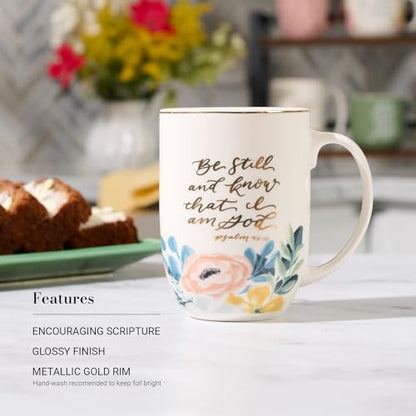 Christian Art Gifts Large Ceramic Coffee Mug: Psalm 46:10 Bible Verse - color: Be Still/White & Pink Floral