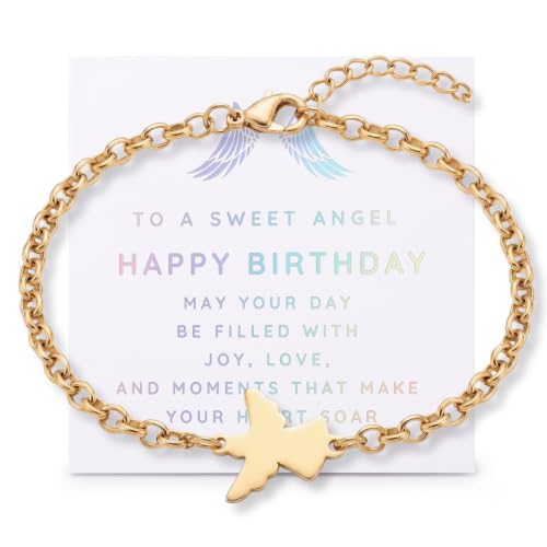 Angel Charm Bracelet for Girls Gift Set, Adjustable 18K Gold Plated, Hypoallergenic Kids Jewelry, First Communion Baptism Birthday Gift with Box and Card