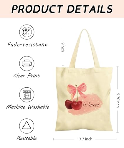 Women's Canvas Tote Bags with Inner Pockets & Metal Snap, Reusable Tote Bag for Girl's Vacation Travel Gym Shopping - color: Cherry 2