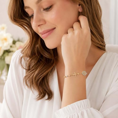 Gold Rosary Bracelet for Women Virgin Mary Jesus Cross Charm Link Chain Golden Religious Rosarios Catolicos Virgen de Guadalupe Bracelets Religious Jewelry Gift for Confirmation Baptism First Communion Gift - color: GoldPink