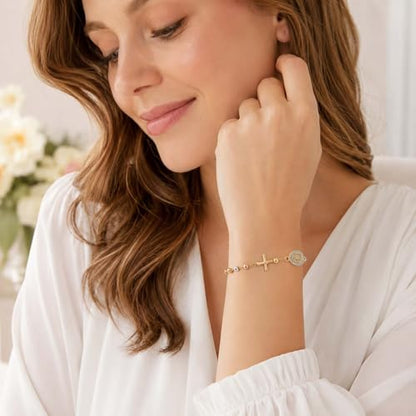 Gold Rosary Bracelet for Women Virgin Mary Jesus Cross Charm Link Chain Golden Religious Rosarios Catolicos Virgen de Guadalupe Bracelets Religious Jewelry Gift for Confirmation Baptism First Communion Gift - color: GoldPink