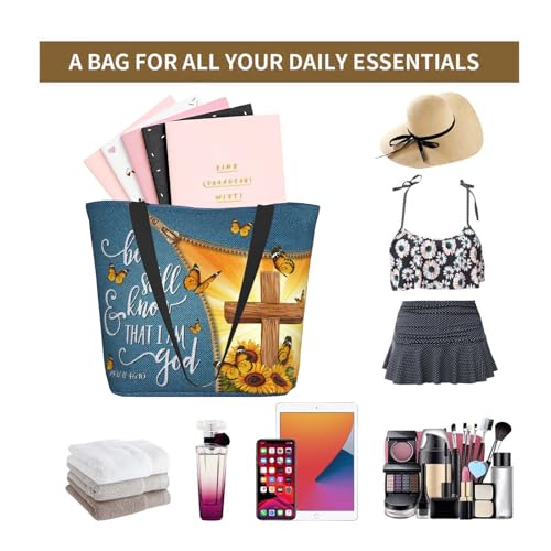 Women's Canvas Tote Bag with Zipper, Large Capacity Shoulder Bag for Work, Travel & Daily Use, Gifts for Mom - color: Be Still and Know That I Am God