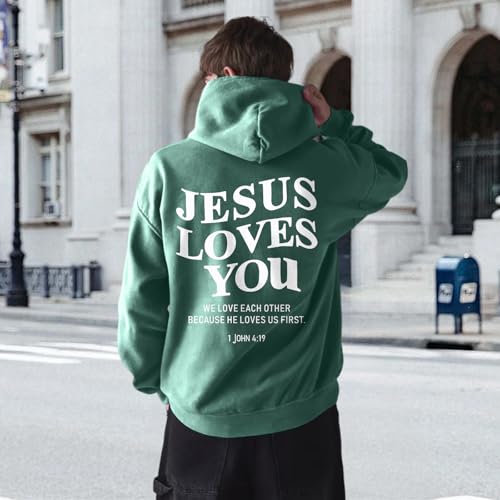 Christian Jesus Loves You Hoodies for Teen Religious Faith Sweatshirts Bible Verse Graphic Youth Hoodie - color: Green, size: X-Large