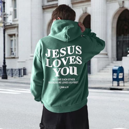 Christian Jesus Loves You Hoodies for Teen Religious Faith Sweatshirts Bible Verse Graphic Youth Hoodie - color: Green, size: X-Large