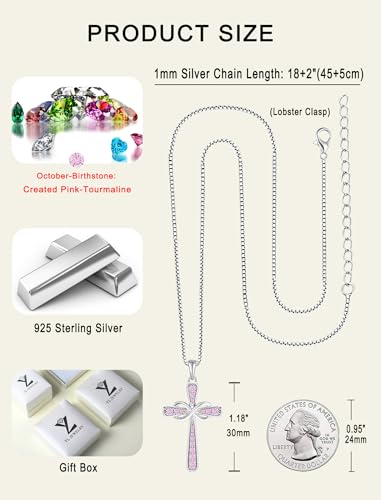 YL 925 Sterling Silver Cross Necklace for Women Halo Infinity Pendant Cubic Zirconia Jewelry for Mom - color: 10-pink tourmaline-Oct