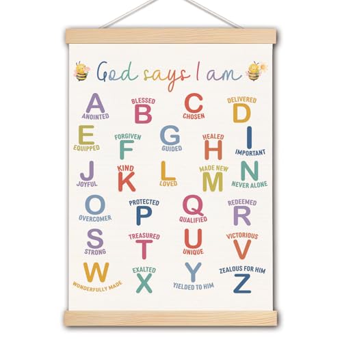 DNEULYR God Says I am Alphabet Christian Wall Art Poster for Kids, Bible Verse Affirmations Poster Hanger Frame for Nursery Toddler Kids Room Playroom Classroom Sunday School, 12x16 Inches - color: color24