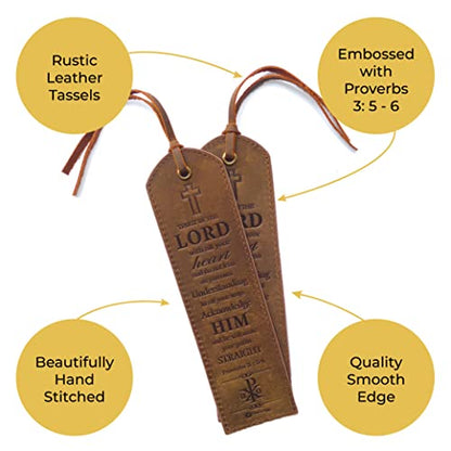 Leather Bible Bookmarks - 2 Leather Christian Bookmarks with Inspirational Bible Verse | Proverbs 3, 5-6 Trust in The Lord | Perfect Religious Book Marker Gifts for Men, Women, Readers and Friends - style: Proverbs 3:5-6