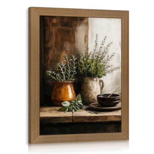 Dynazo Wood Framed Herb Kitchen Wall Art, Rustic Botanical Still Life Wall Decor, Vintage Farmhouse Greenery Poster Print, French Country Cottagecore Artwork for Kitchen Dining Room 8x10 Inch - color: Herbs, size: 10"L x 8"W