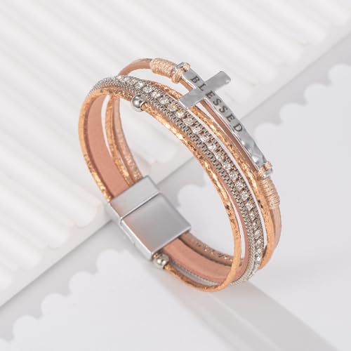 Christian Cross Leather Bracelets Boho Western Blessing Religious Jewelry - color: Rose Gold