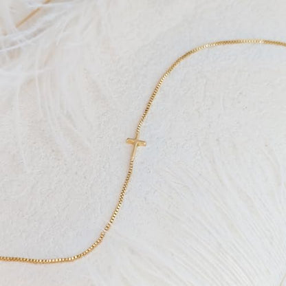 LULII Cross Necklace for Women Dainty 14K Gold Silver Plated Small Cross Pendant Choker Simple Cute Cross Gold Necklace for Women Trendy Faith Jewelry Gift - color: Sideways Cross Box Chain-Gold