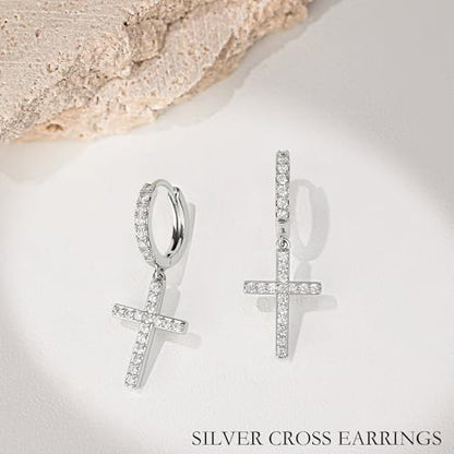 Me&Hz Cross Dangle Earrings for Women Men Cross Huggie Hoop Earrings - color: Silver