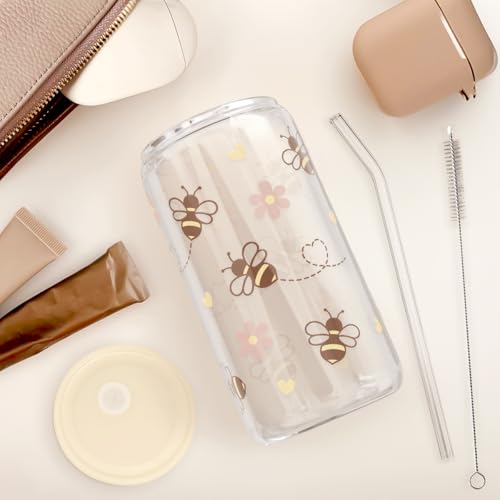 SANDJEST Bee 16oz Can Glass Tumbler with Acrylic Lid & Straw - Iced Coffee Cup for Women Girls, Aesthetic Cups Gifts for Birthday Christmas - color: Bee