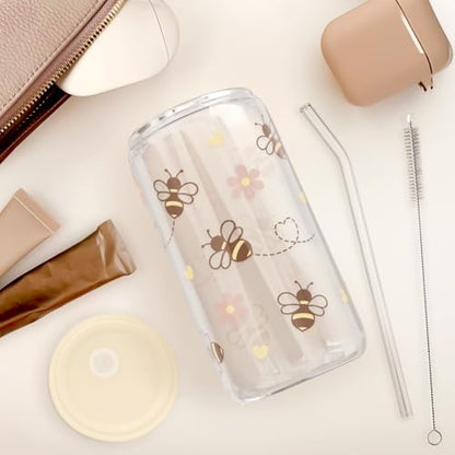 SANDJEST Bee 16oz Can Glass Tumbler with Acrylic Lid & Straw - Iced Coffee Cup for Women Girls, Aesthetic Cups Gifts for Birthday Christmas - color: Bee