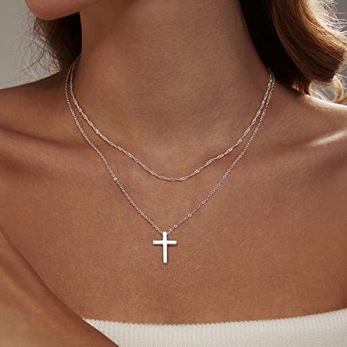 Zeffy Cross Necklace for Women,18K Gold/Silver Plated Tiny Cubic Zirconia Cross Pendant Necklace for Women Simple Layered Cross Necklaces for Women - color: Silver Cross Set
