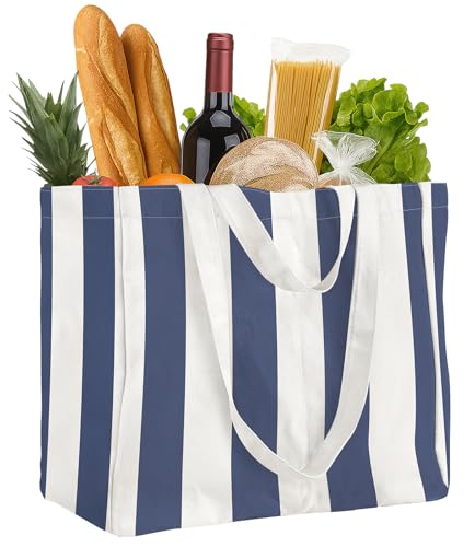 Miss Adola Extra Large Canvas Grocery Tote Bag - color: Blue & White Stripes