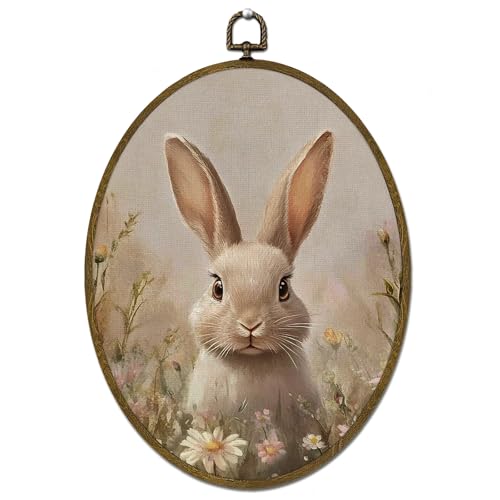 LLOKARNORA Easter Bunny Rabbit Oval Canvas Wall Art, Easter Farmhouse Rabbits Framed Wall Art Decorations, Bunny Nursery Decor, Coquette Floarl Prints Hanging Decor for Bedroom, 8.7x11.3 - color: rabbit