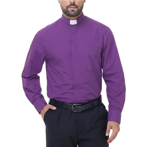 Men's Long Sleeve Clergy Shirt Tab Collar - color: Purple, size: Medium