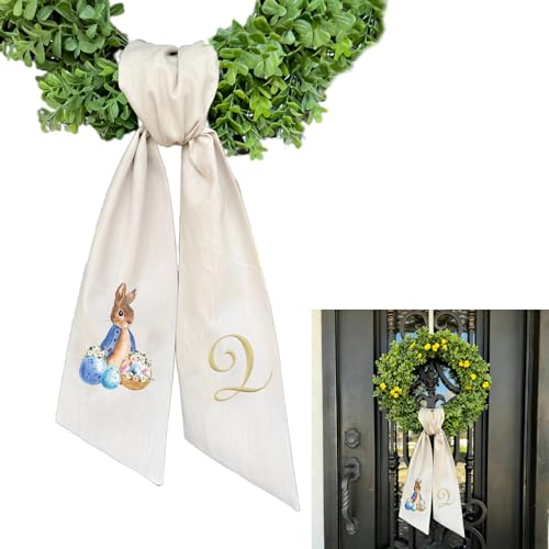 Rabbit Easter Wreath Bow Custom Embroidered Monogram Spring Bunny Wreath Sash for Front Door Hand Tailored Easter Decorations Spring Bows for Wreaths (Q) - color: Q