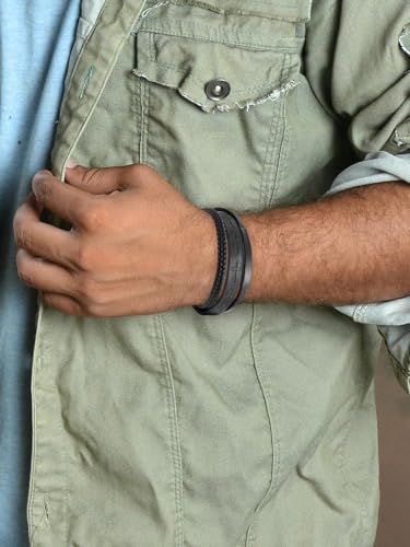 Mens Leather Cross Bracelet Multilayer Braided Wristband Bangle Bracelets with Stainless Steel Buckle Religious Gift for Men Brown/Black/Blue–8.3 inch - color: Black-2, size: 8.3in(Fits most wrists)