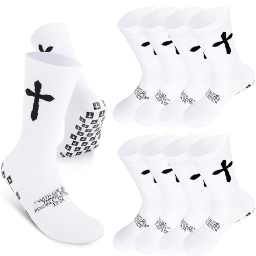 8 Pairs Cross Grip Socks Anti-Slip Christian Socks with Bible Verse and Rubber Dots Jesus Sports Sock for Unisex Youth (White)